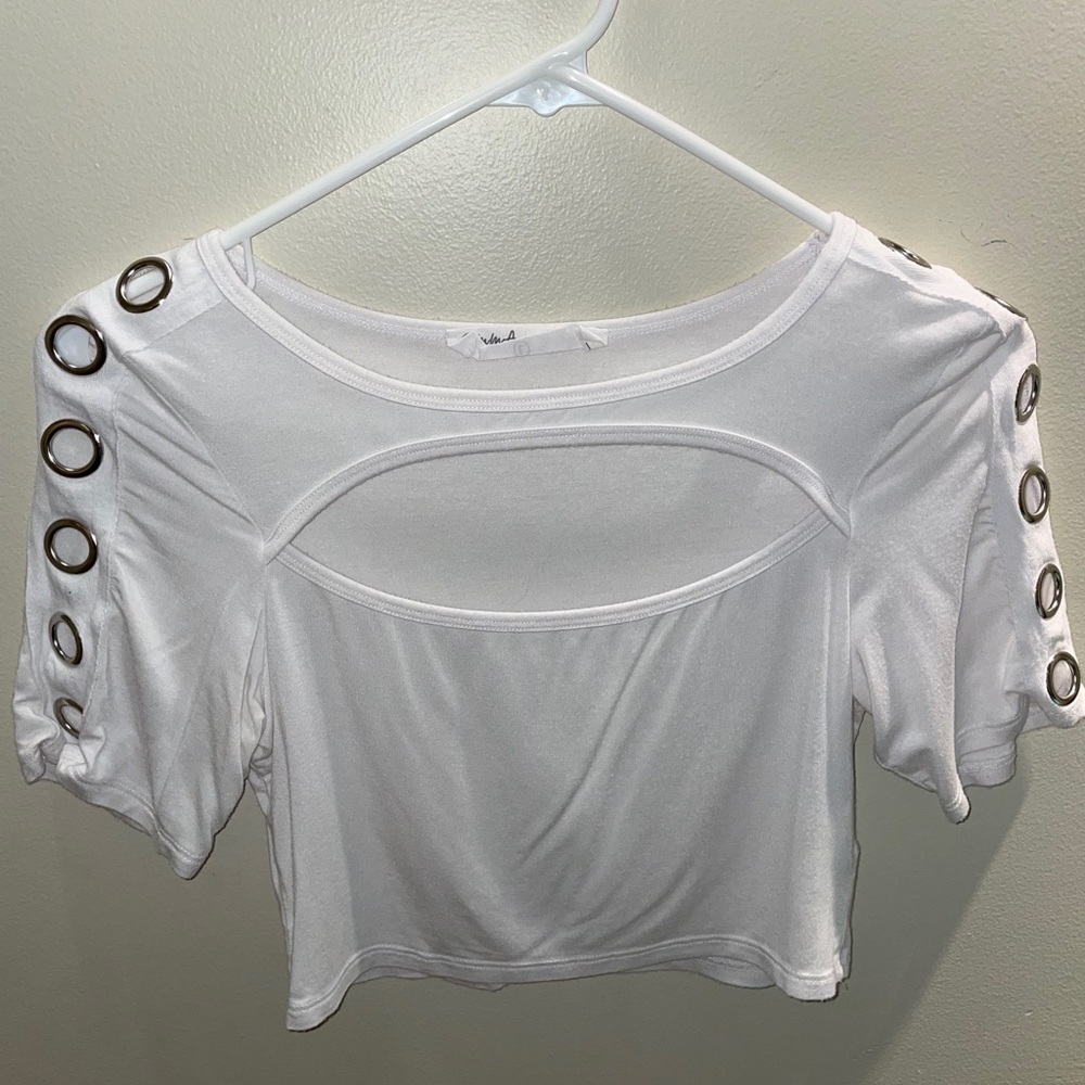 white cropped tshirt with metal holes